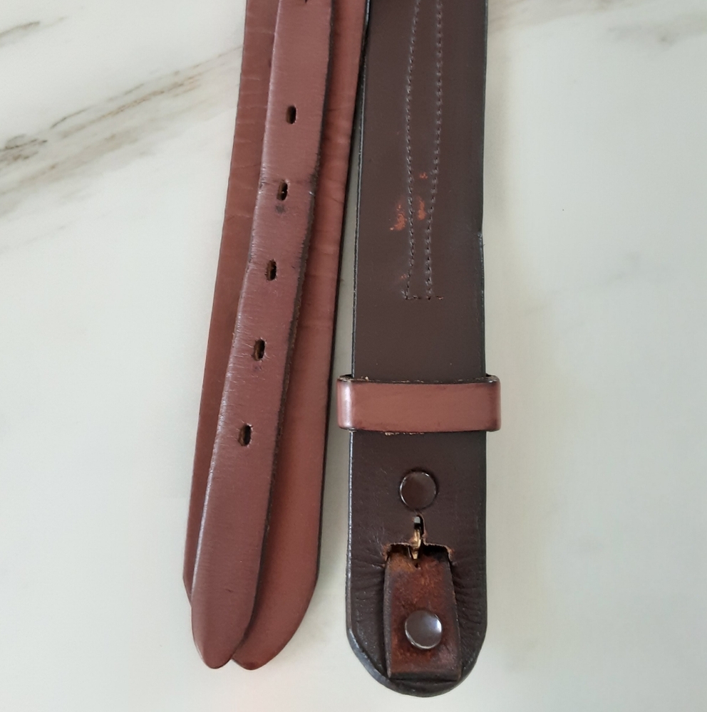 Full Grain Smooth Cowhide Double Strap Brass Buckle Thick Leather Belt Sz M -Vtg - Picture 6 of 8